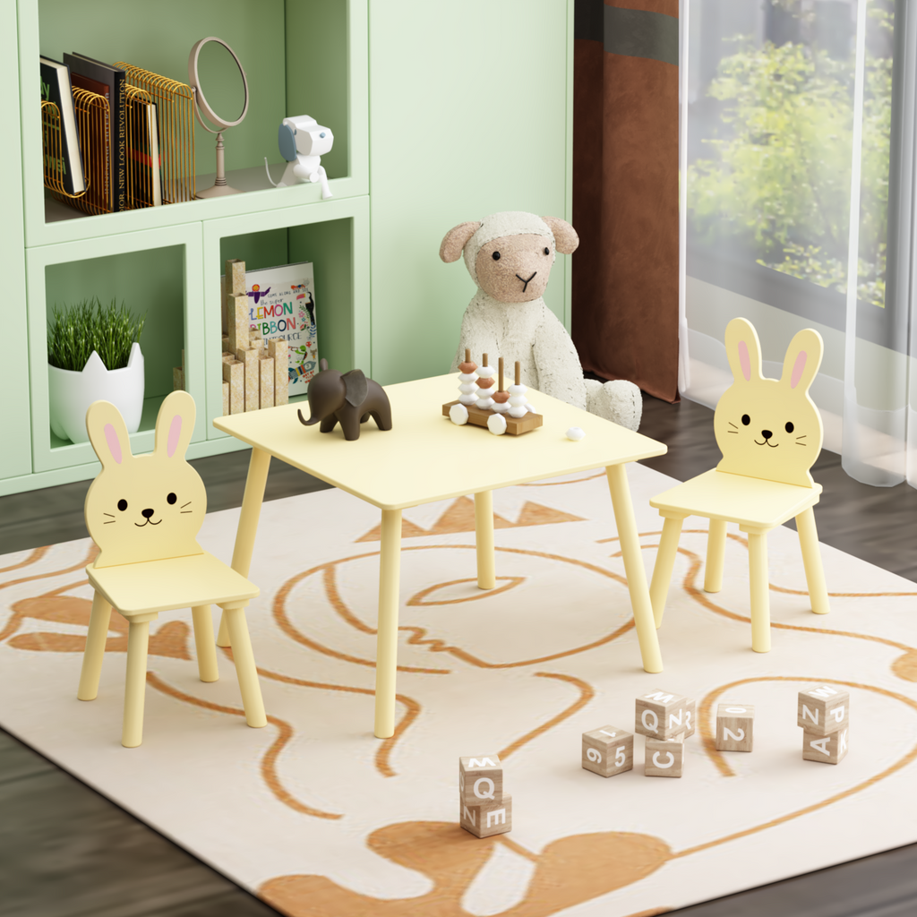 Kids Table And Chair Set With 2 Bunny Chairs, Children's Wooden Activity Table For Toddlers, Cute Animal Design Study Play Set For Playroom, Bedroom, Classroom - Cream Yellow