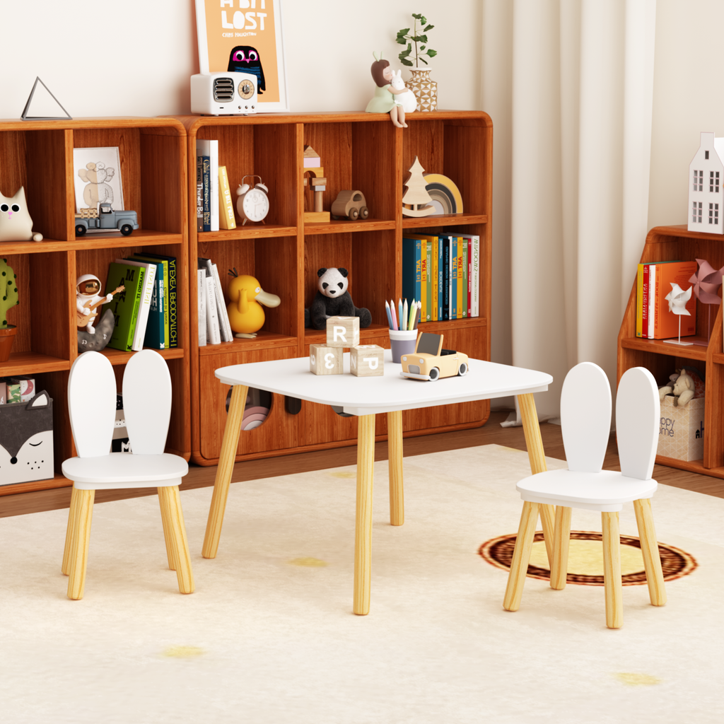 Kids Table And 2 Chairs Set, 3 Pieces Rabbit Themed Toddler Table And Chair Set, Children Wooden Activity Play Table Set Solid Wood Legs White