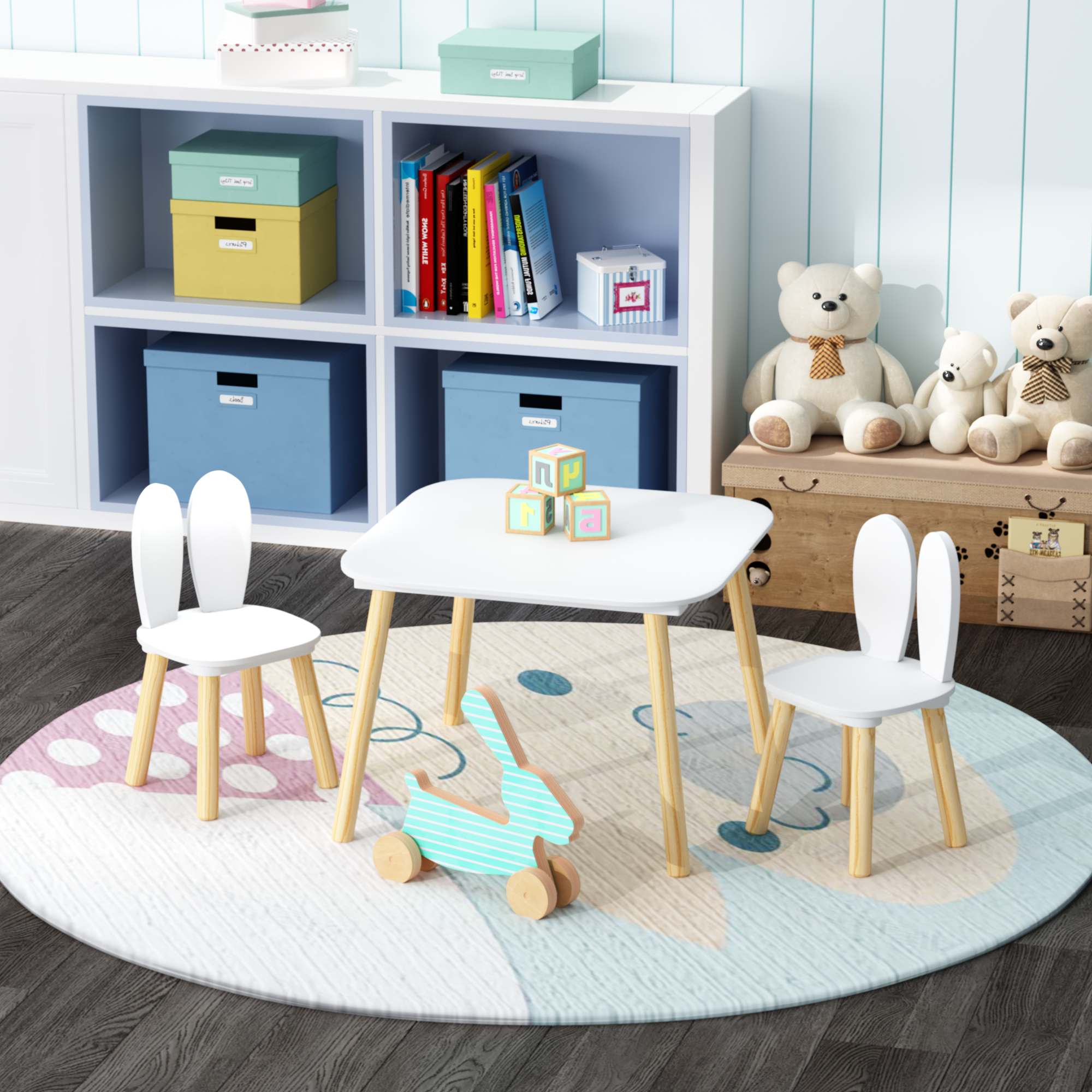 Kids Table And 2 Chairs Set, 3 Pieces Rabbit Themed Toddler Table And Chair Set, Children Wooden Activity Play Table Set Solid Wood Legs White
