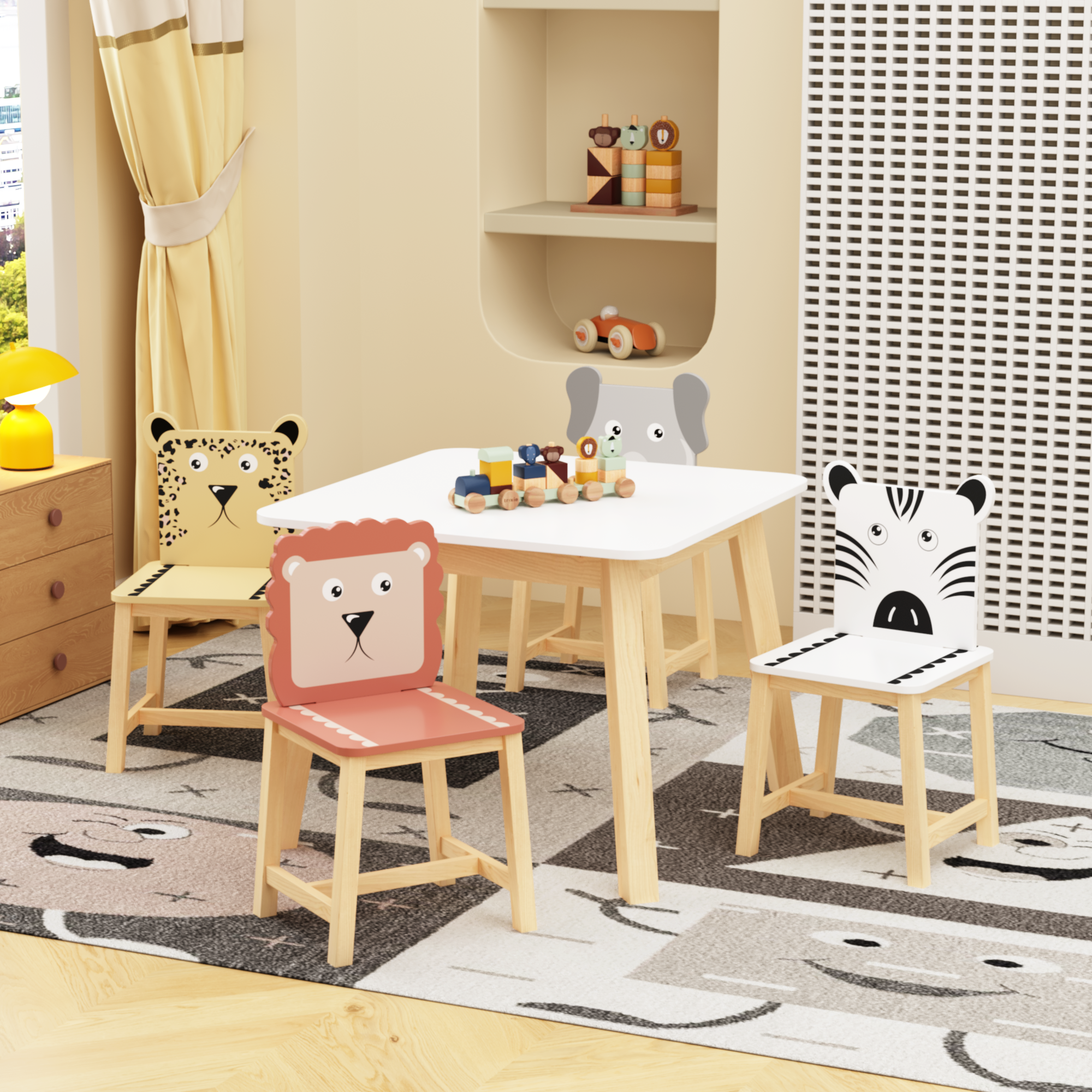 5 Piece Kiddy Table And Chair Set , Kids Wood Table With 4 Chairs Set Cartoon Animals Bigger Table 3-8 Years Old