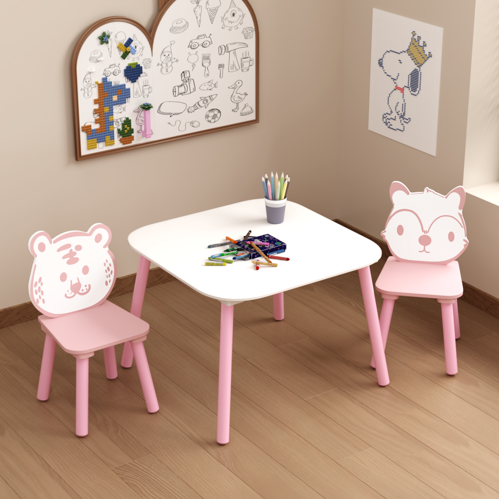 Kids Table And Chair Set, 3-Piece Wooden Toddler Desk With Animal Backrest, Activity Table For Drawing, Learning,Playroom Or Nursery Pink&White