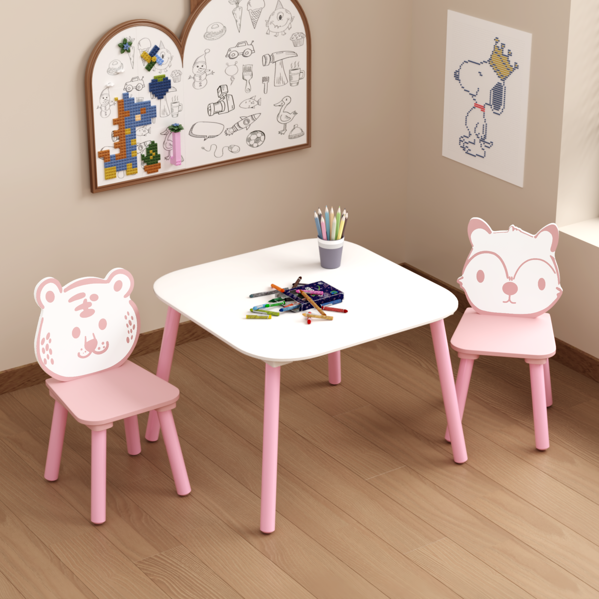 Kids Table And Chair Set, 3-Piece Wooden Toddler Desk With Animal Backrest, Activity Table For Drawing, Learning,Playroom Or Nursery Pink&White