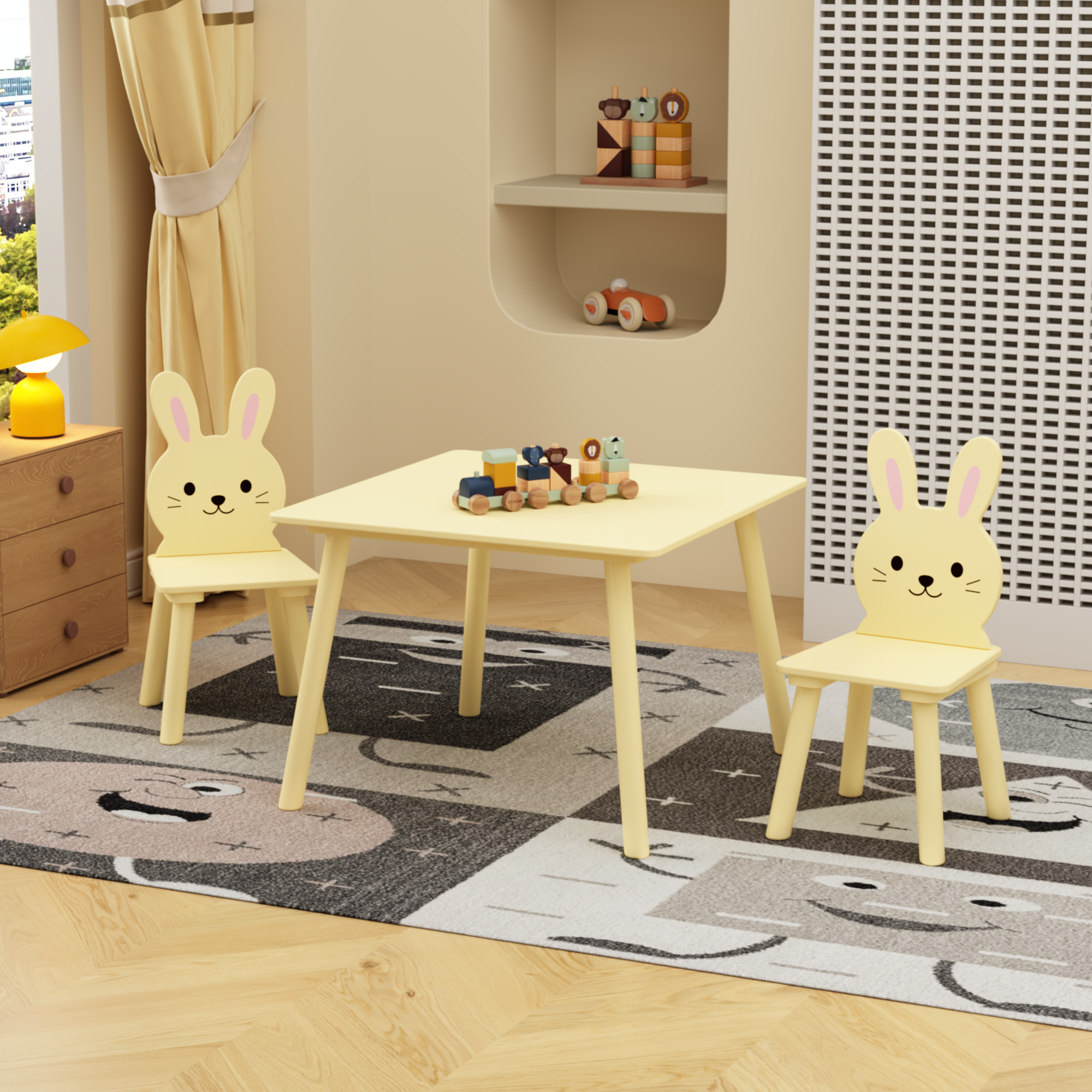 Kids Table And Chair Set With 2 Bunny Chairs, Children's Wooden Activity Table For Toddlers, Cute Animal Design Study Play Set For Playroom, Bedroom, Classroom - Cream Yellow