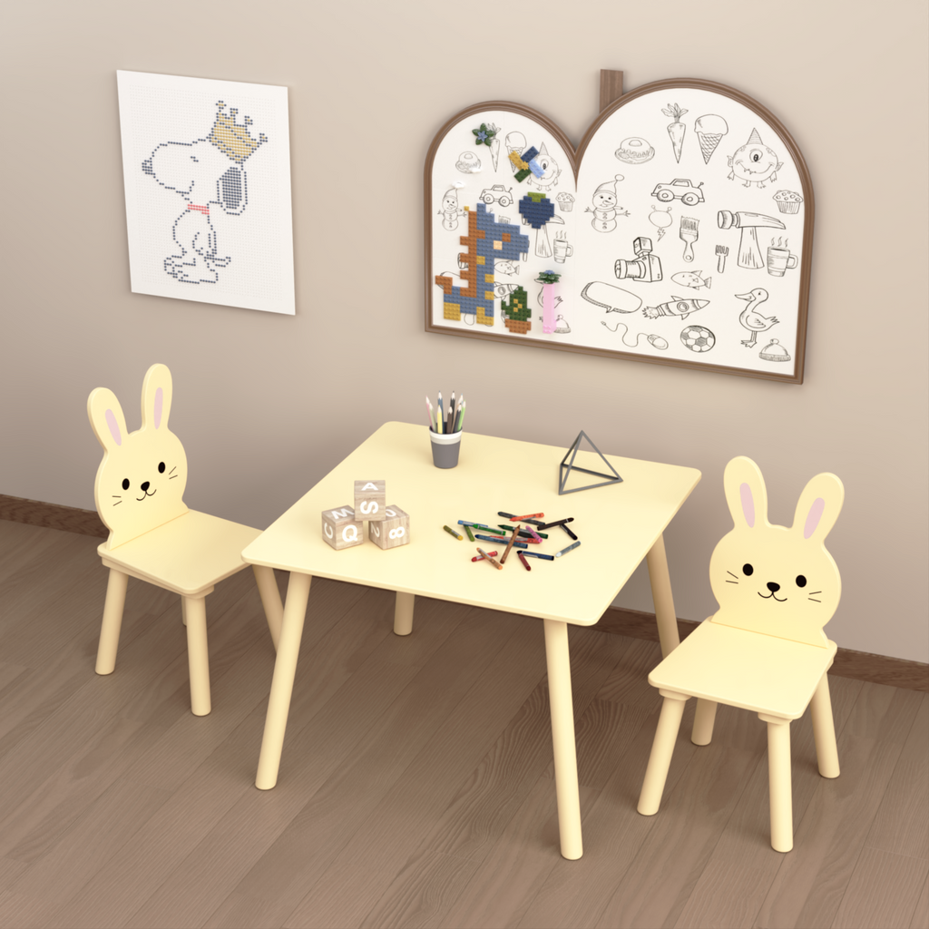Kids Table And Chair Set With 2 Bunny Chairs, Children's Wooden Activity Table For Toddlers, Cute Animal Design Study Play Set For Playroom, Bedroom, Classroom - Cream Yellow