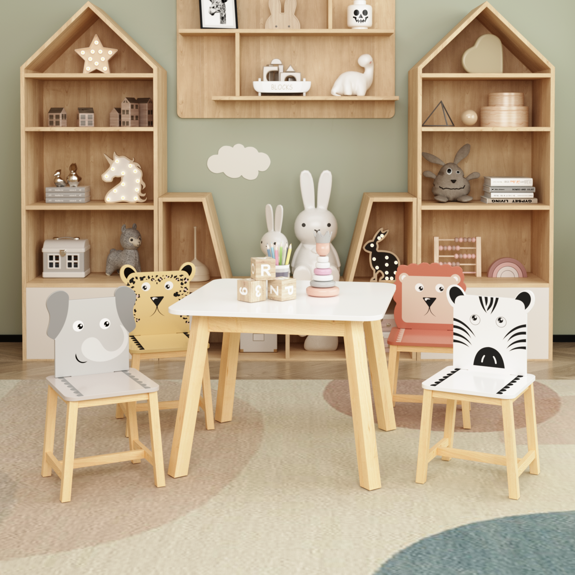 5 Piece Kiddy Table And Chair Set , Kids Wood Table With 4 Chairs Set Cartoon Animals Bigger Table 3-8 Years Old