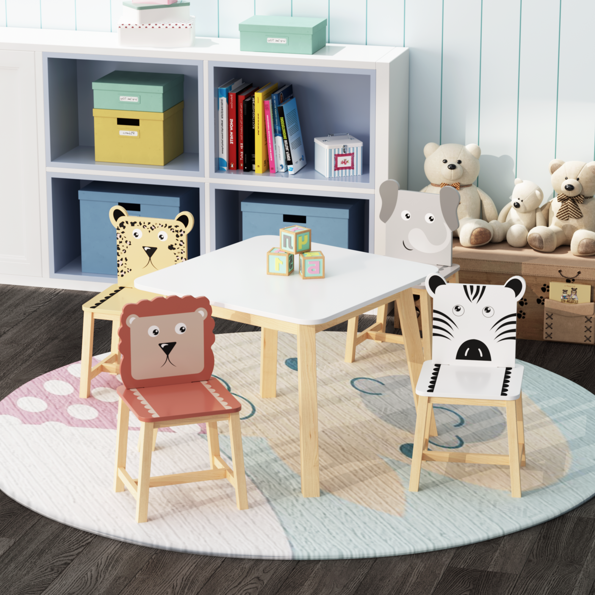 5 Piece Kiddy Table And Chair Set , Kids Wood Table With 4 Chairs Set Cartoon Animals Bigger Table 3-8 Years Old