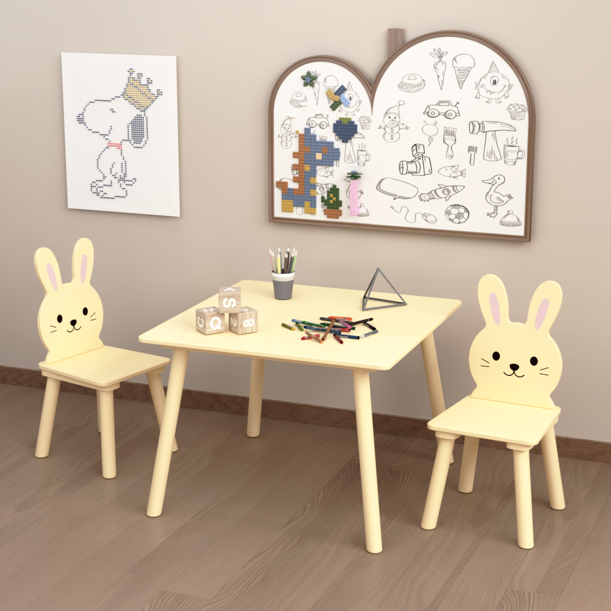 Kids Table And Chair Set With 2 Bunny Chairs, Children's Wooden Activity Table For Toddlers, Cute Animal Design Study Play Set For Playroom, Bedroom, Classroom - Cream Yellow