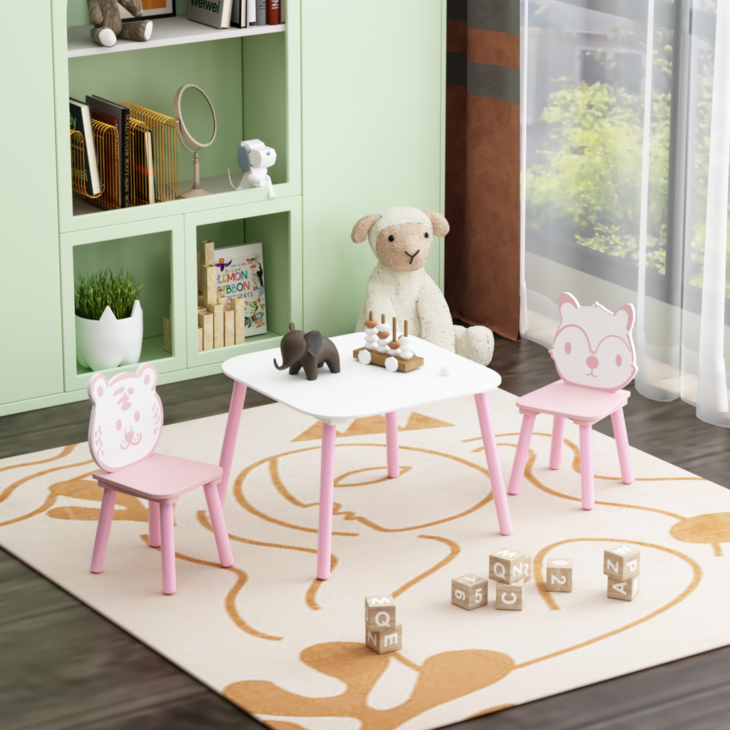 Kids Table And Chair Set, 3-Piece Wooden Toddler Desk With Animal Backrest, Activity Table For Drawing, Learning,Playroom Or Nursery Pink&White