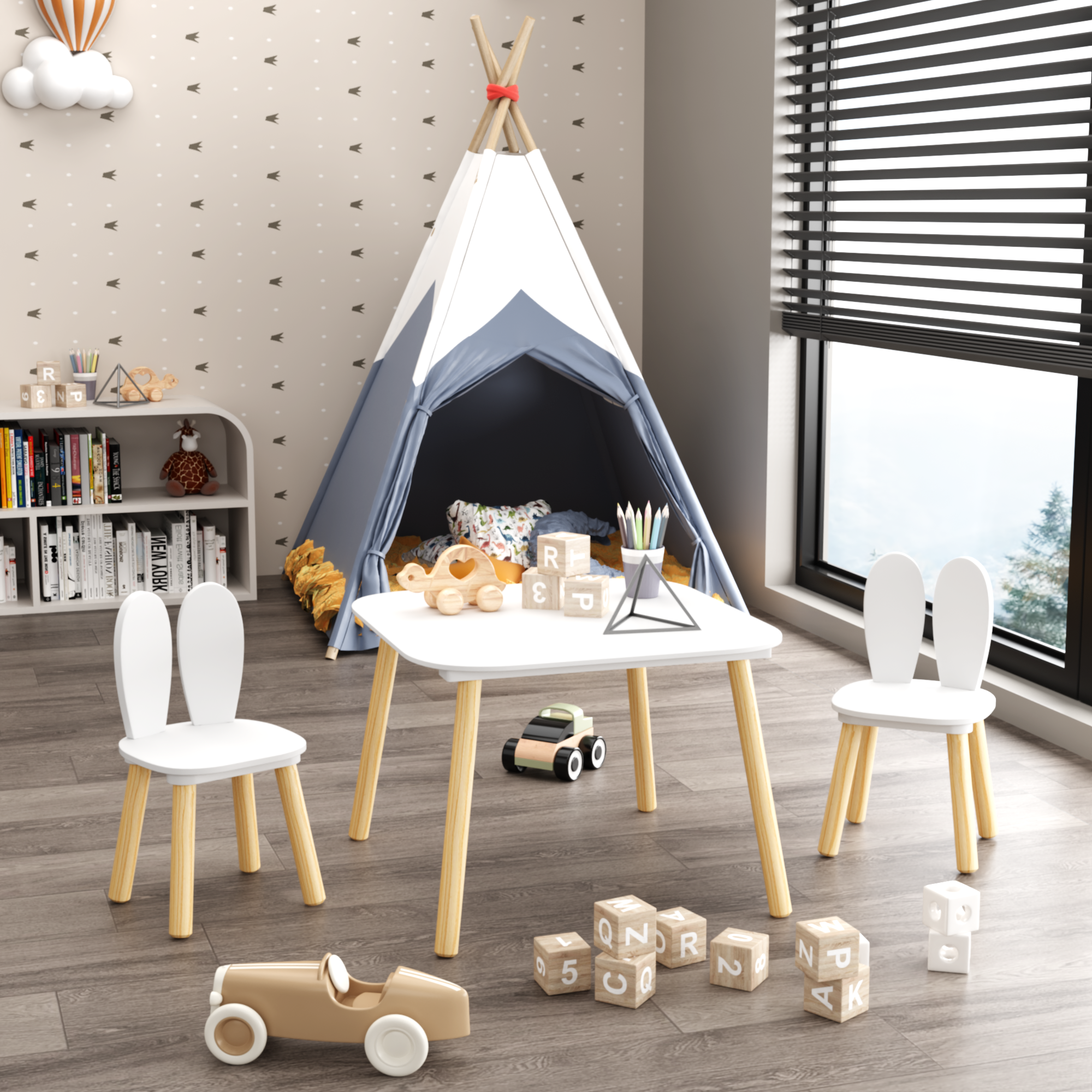 Kids Table And 2 Chairs Set, 3 Pieces Rabbit Themed Toddler Table And Chair Set, Children Wooden Activity Play Table Set Solid Wood Legs White