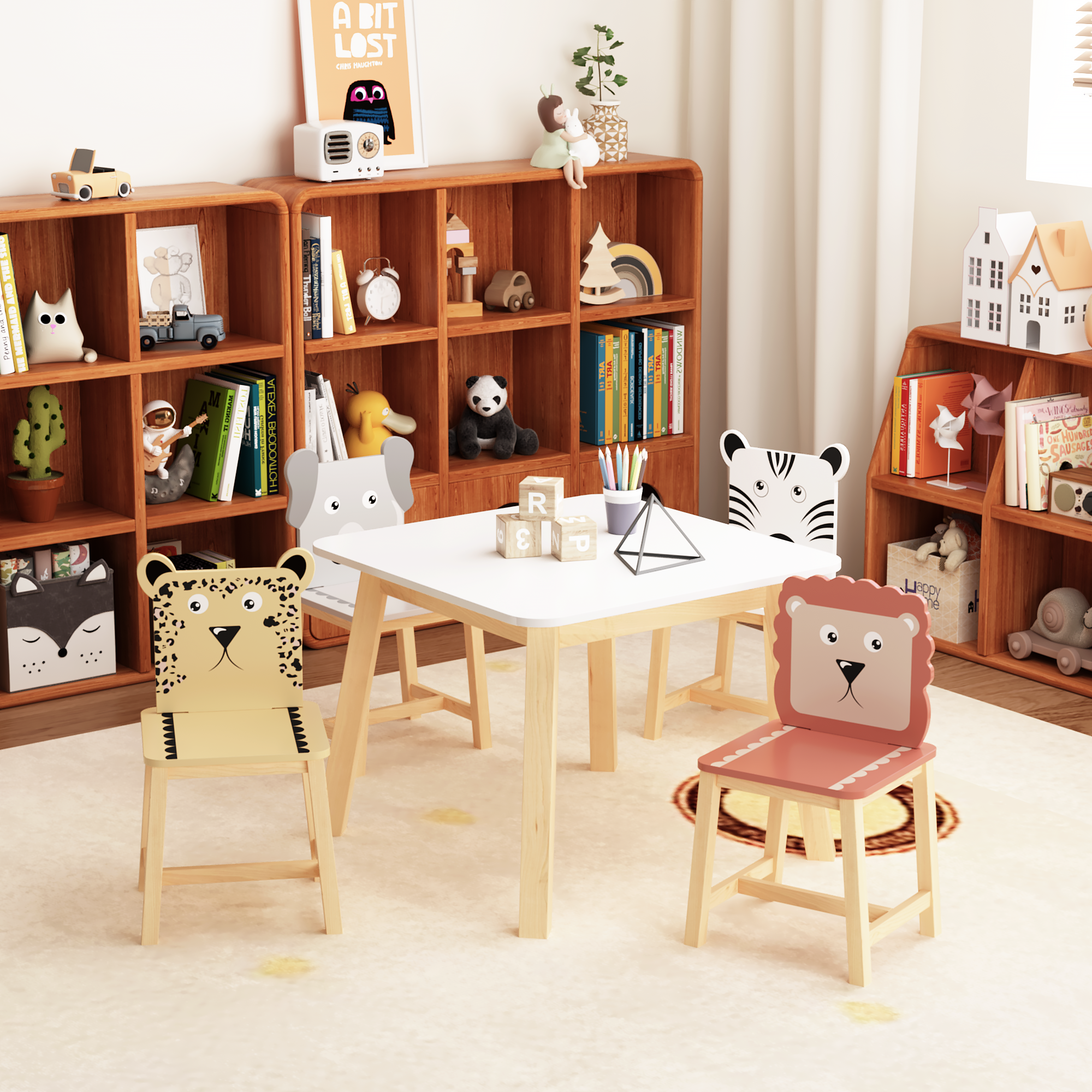 5 Piece Kiddy Table And Chair Set , Kids Wood Table With 4 Chairs Set Cartoon Animals Bigger Table 3-8 Years Old