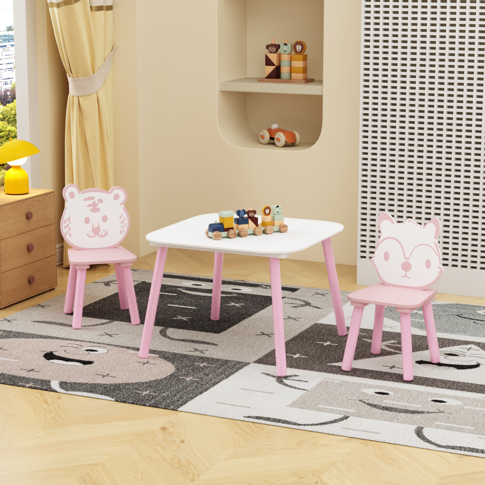 Kids Table And Chair Set, 3-Piece Wooden Toddler Desk With Animal Backrest, Activity Table For Drawing, Learning,Playroom Or Nursery Pink&White